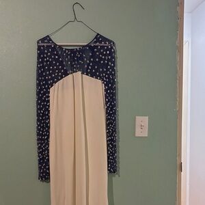 Ports 1961 Cream Maxi Dress with Navy Floral Yoke and Long Sleeves